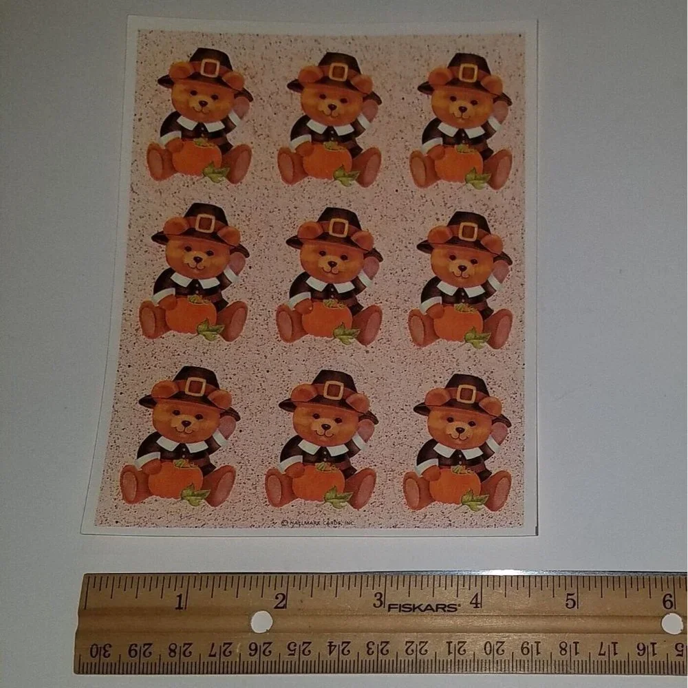VTG Hallmark Teddy Bear Pilgrim Pumpkin Thanksgiving Stickers ~ Lot of 3 Sheets